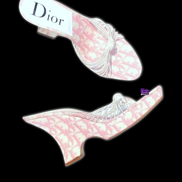 Dior Shoes - DIOR Girly Pink Monogram Logo Denim Trotter Platform Wedge Sandal Mule